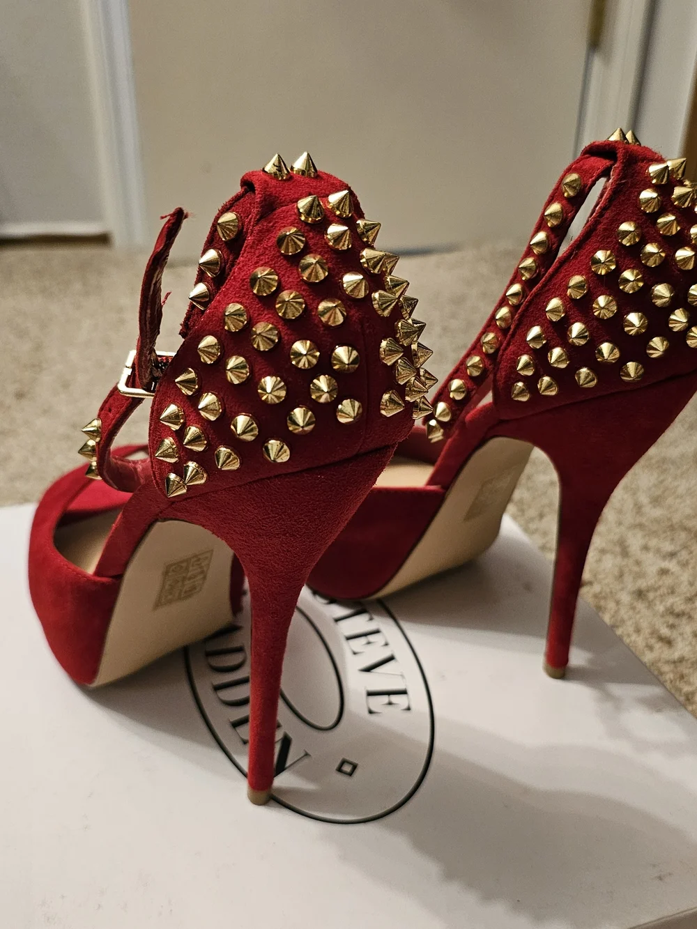 Steve Madden Red Suede Studded Platform Peep-Toe Heels